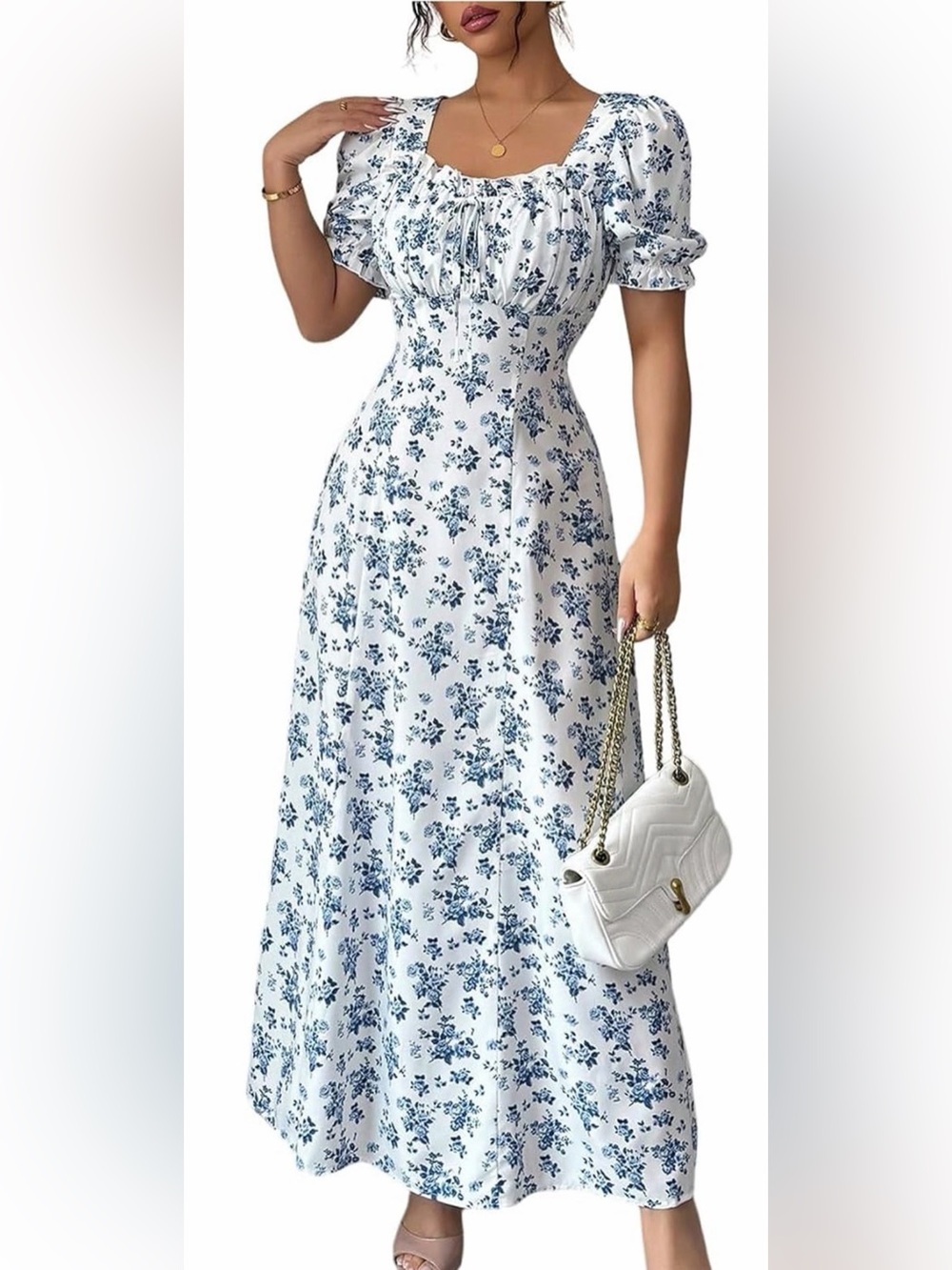 NWT Blue Floral Square-Neck Maxi Dress - Elegant Summer Style, XL